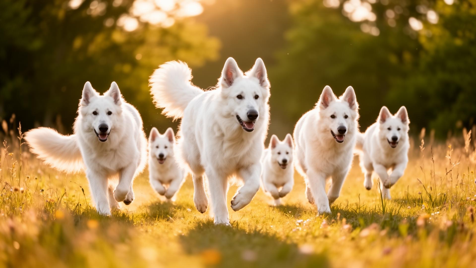 White German Shepherd family running through a sunlit meadow