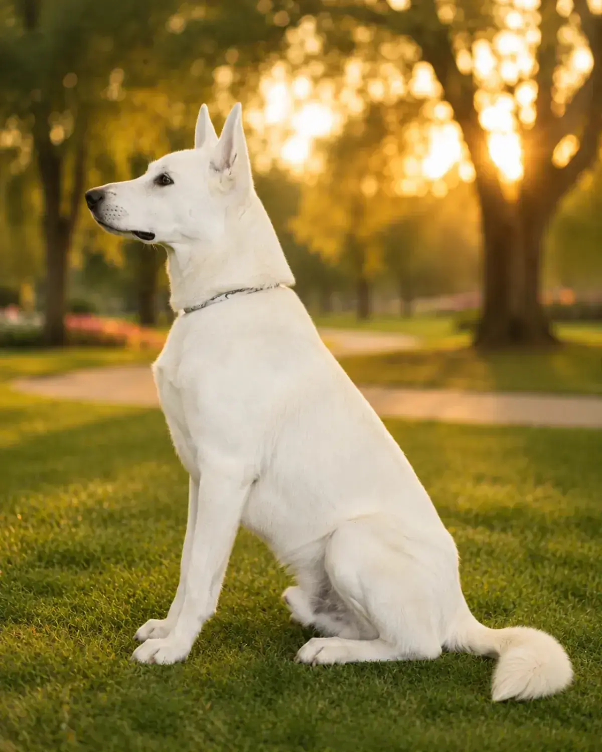 Haki, our white German Shepherd sire, at golden hour