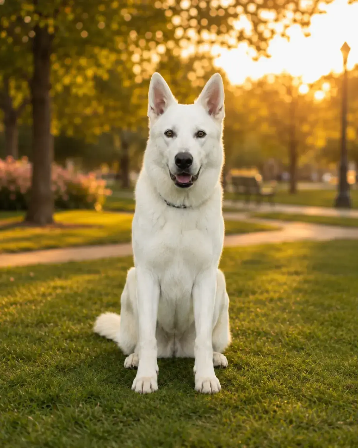 Haki, our white German Shepherd sire, in a sunlit park at golden hour