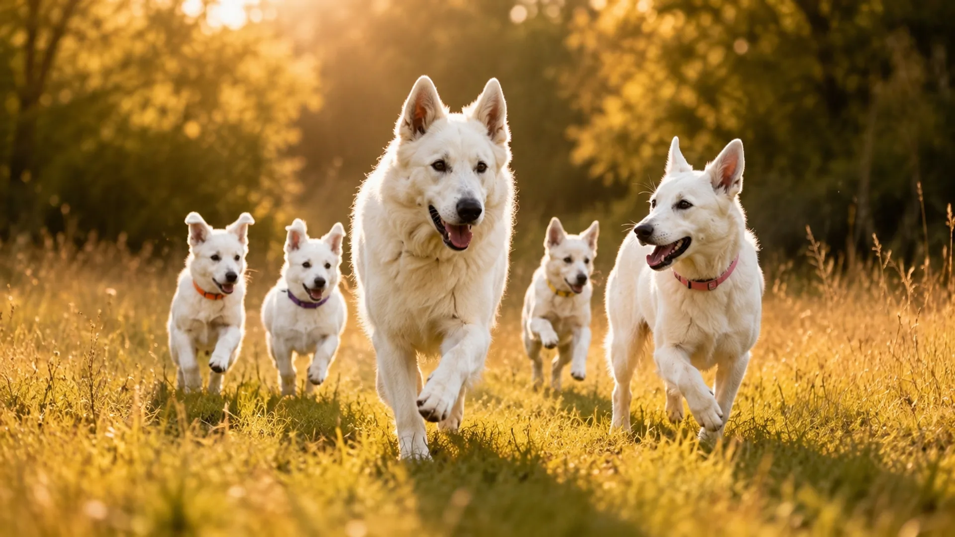Our white German Shepherd pack running through a golden meadow